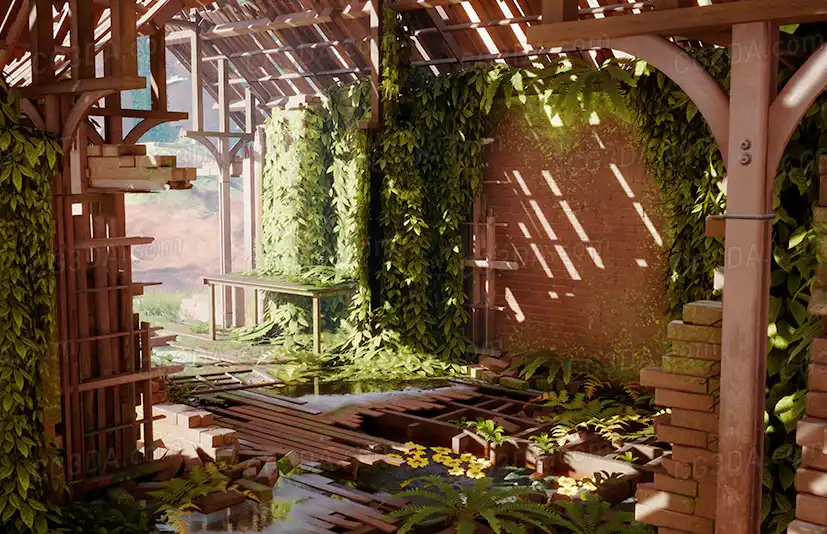 杂草丛生的中世纪村庄建筑-Modular Overgrown Village Buildings