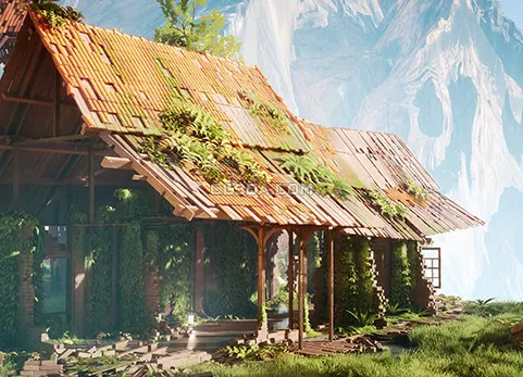 杂草丛生的中世纪村庄建筑-Modular Overgrown Village Buildings