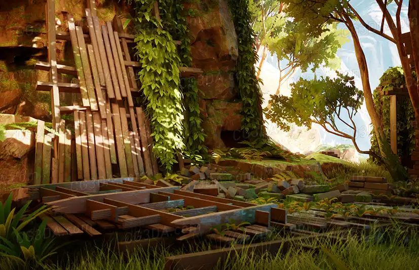 杂草丛生的中世纪村庄建筑-Modular Overgrown Village Buildings
