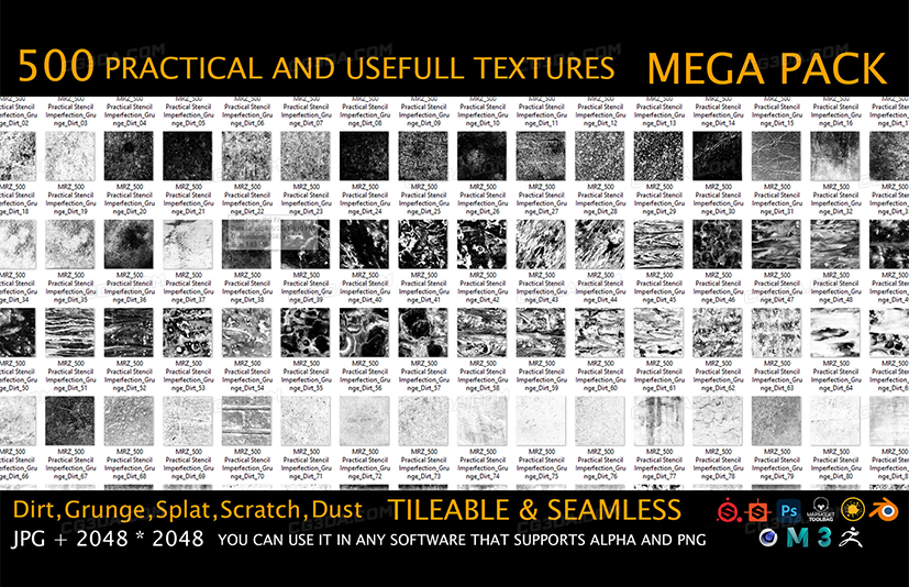 500个无缝破损划痕污渍贴图-MEGA PACK - 500 Practical and useful Stencil imperfection