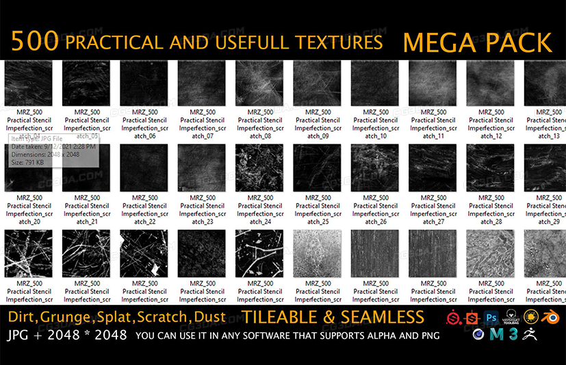 500个无缝破损划痕污渍贴图-MEGA PACK - 500 Practical and useful Stencil imperfection