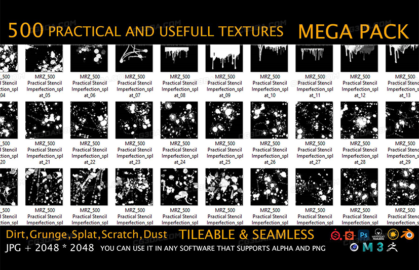 500个无缝破损划痕污渍贴图-MEGA PACK - 500 Practical and useful Stencil imperfection