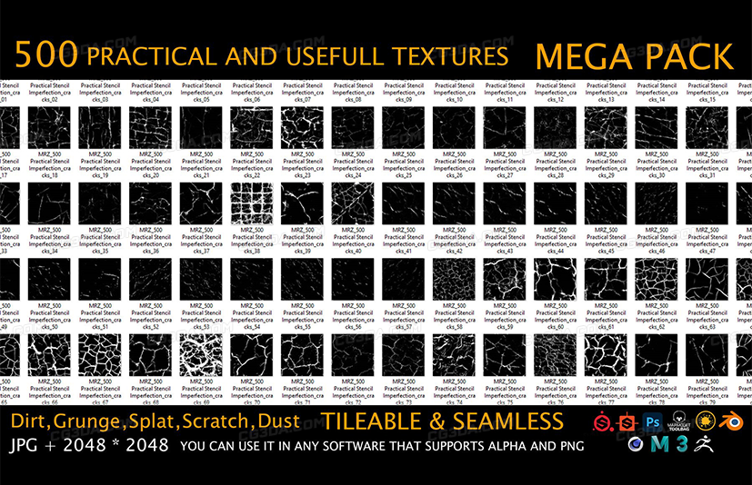 500个无缝破损划痕污渍贴图-MEGA PACK - 500 Practical and useful Stencil imperfection