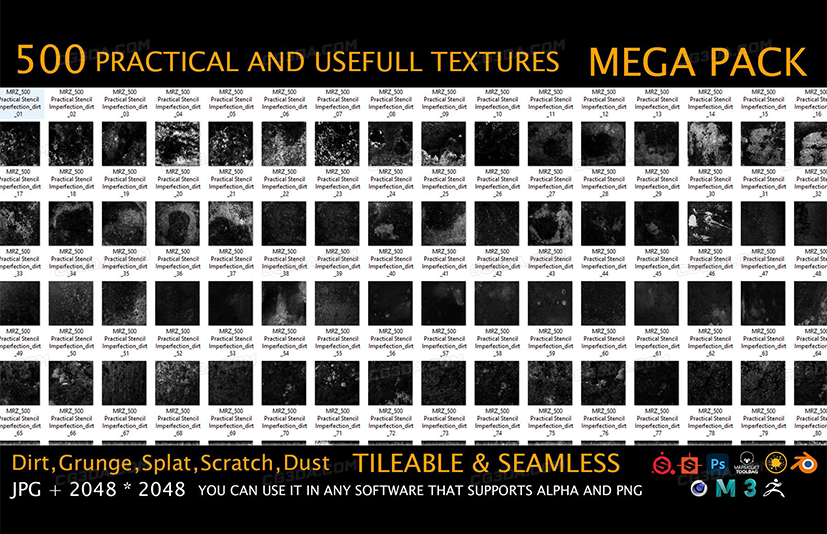 500个无缝破损划痕污渍贴图-MEGA PACK - 500 Practical and useful Stencil imperfection
