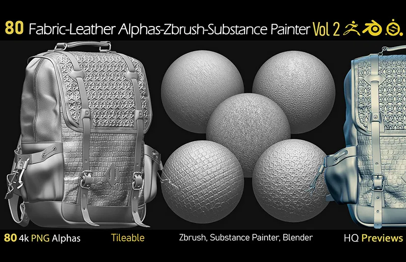 无缝平铺织物皮革贴图 - 80 4K Fabric-Leather Tileble Alphas-PNG-Zbrush-Substance Painter-vol2