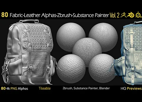 无缝平铺织物皮革贴图 - 80 4K Fabric-Leather Tileble Alphas-PNG-Zbrush-Substance Painter-vol2