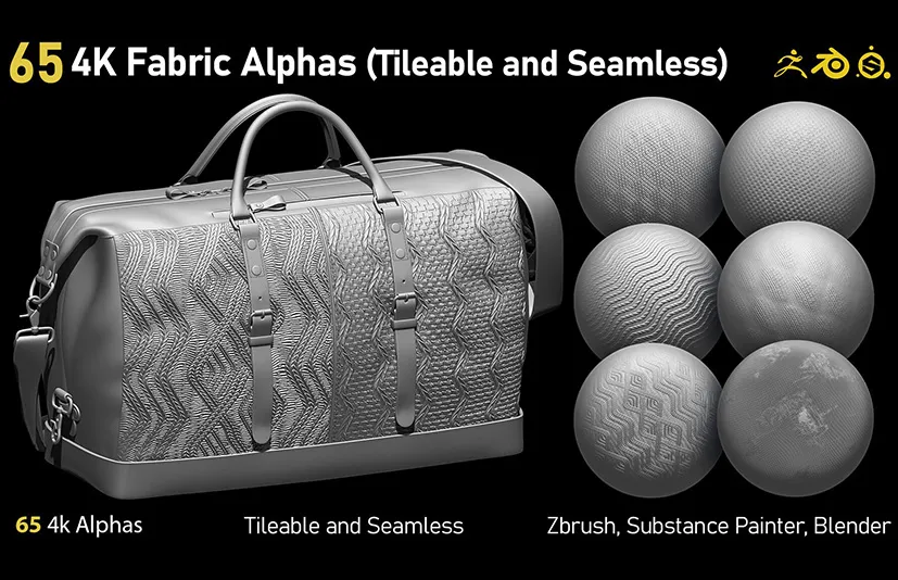 无缝平铺布料贴图 - 65 4K Fabric Alphas(Tileable) PNG-Zbrush-Substance Painter-Blender-Photoshop