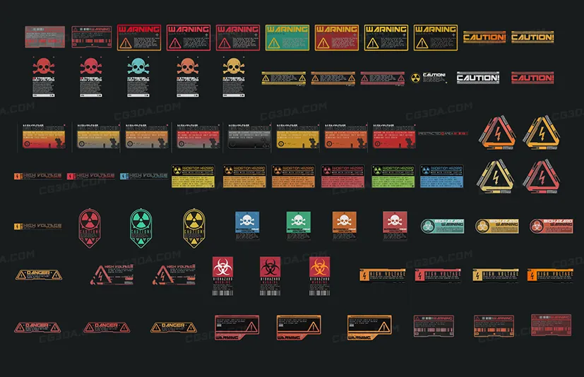 74个赛博朋克危险标志贴花贴图-Decal Danger Signs