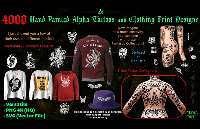 4000+纹身和服装印刷图案 - 4000 Hand Painted Alpha Tattoos and Clothing Print Designs (MEGA Pack) - Vol 9
