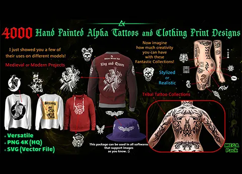 4000+纹身和服装印刷图案 - 4000 Hand Painted Alpha Tattoos and Clothing Print Designs (MEGA Pack) - Vol 9