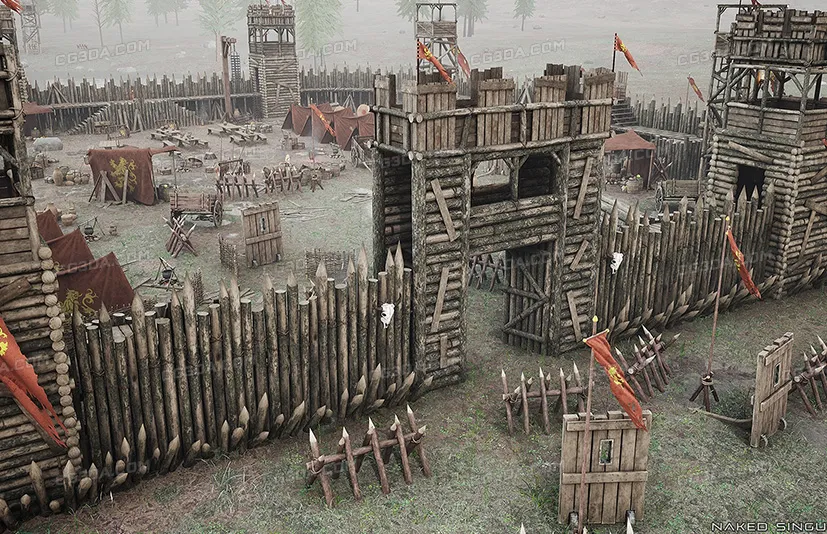中世纪木制堡垒 - 军事战争营地 - 栅栏墙围栏 - 强盗营地 - Medieval Wooden Fort - Military War Camp - Palisade Wall Fence - Bandit camp