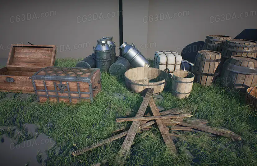 中世纪复古木桶木箱-Medieval Props Pack