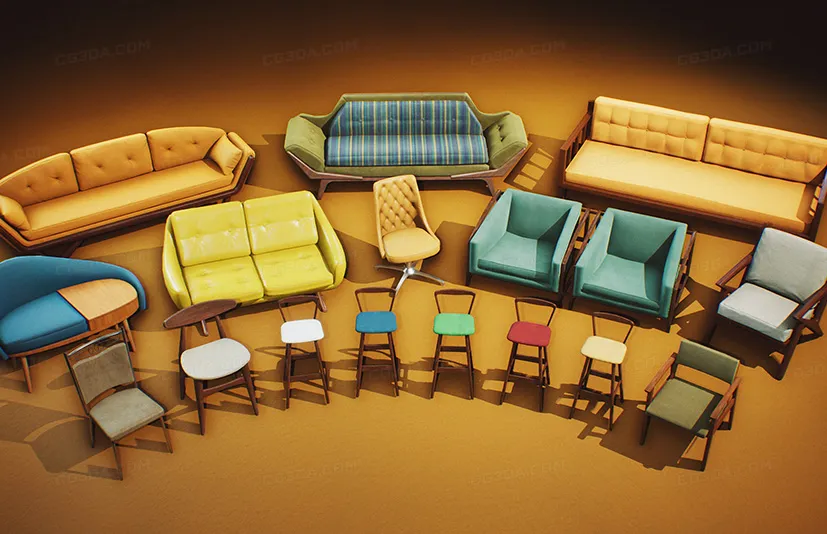 复古家具模型道具 椅子 - Retro Mid Century Mod Props VOL.2 - Chairs