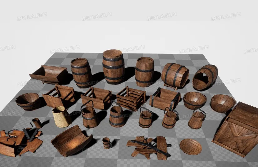 木制道具：桶、箱、管、桶 -Wooden props: barrels, boxes, tubes and buckets