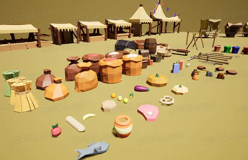风格化中世纪菜市场集市-Low Poly Medieval Market Kit