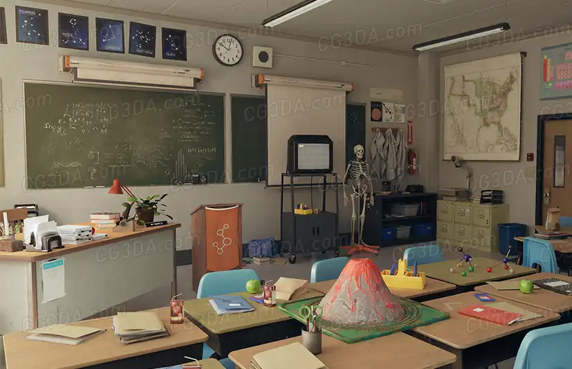 高中科学实验室教室-High school Science Lab Classroom - 90's themed (Day/Night Lighting)