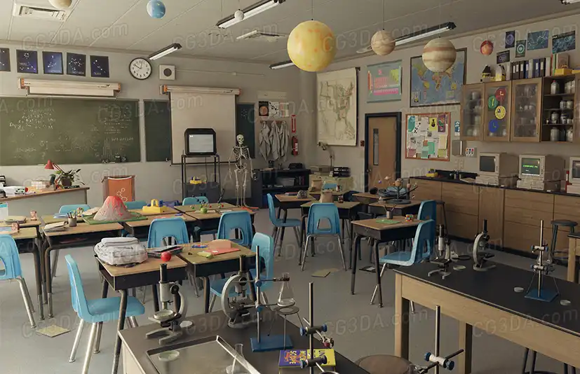 高中科学实验室教室-High school Science Lab Classroom - 90's themed (Day/Night Lighting)