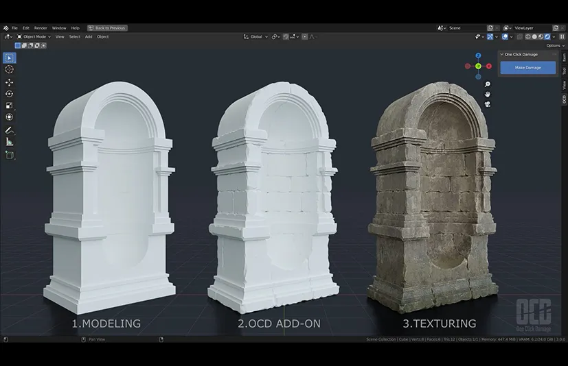 Blender一键生成陈旧破损效果插件 OCD V2.3.0 One Click Damage