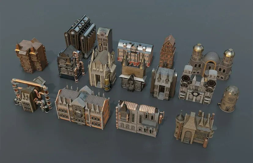 蒸汽朋克建筑集合包-Steampunk Kitbash Textures For Concept And Game